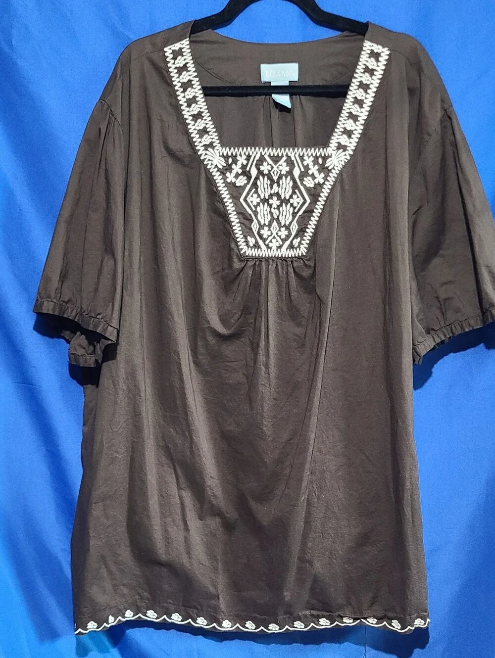 Liz & Me Dark Brown Peasant Top with White Embroidered Yoke Size 5X - Picture 2 of 5